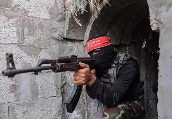 Fighters from the Democratic Front the Liberation of Palestine (DFLP) - National Resistance Brigades exit a tunnel in the southern Gaza Strip, Palestine, on May 19, 2023. Photo: Al Mayadeen.