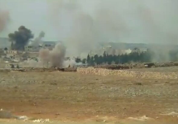 Scenes from a video depicting the Syrian Arab Army bombing positions of terrorist groups in Idlib province on October 6, 2023. Photo: Social Media.