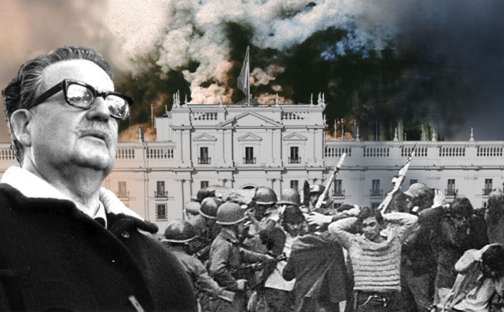 Photo composition showing Chilean President Salvador Allende (right) and La Moneda Presidential Palace being bombed and Chileans being arrested by the military coup repressive forces. Photo: Primereando/File photo.