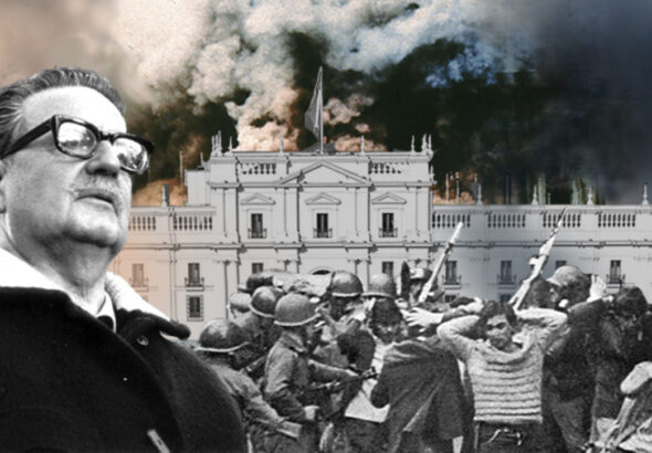 Photo composition showing Chilean President Salvador Allende (right) and La Moneda Presidential Palace being bombed and Chileans being arrested by the military coup repressive forces. Photo: Primereando/File photo.
