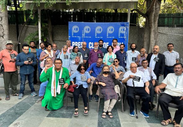 Journalists gather to protest with the Press Club of India against the crackdown on press freedom. Photo: X/@PCITweets.