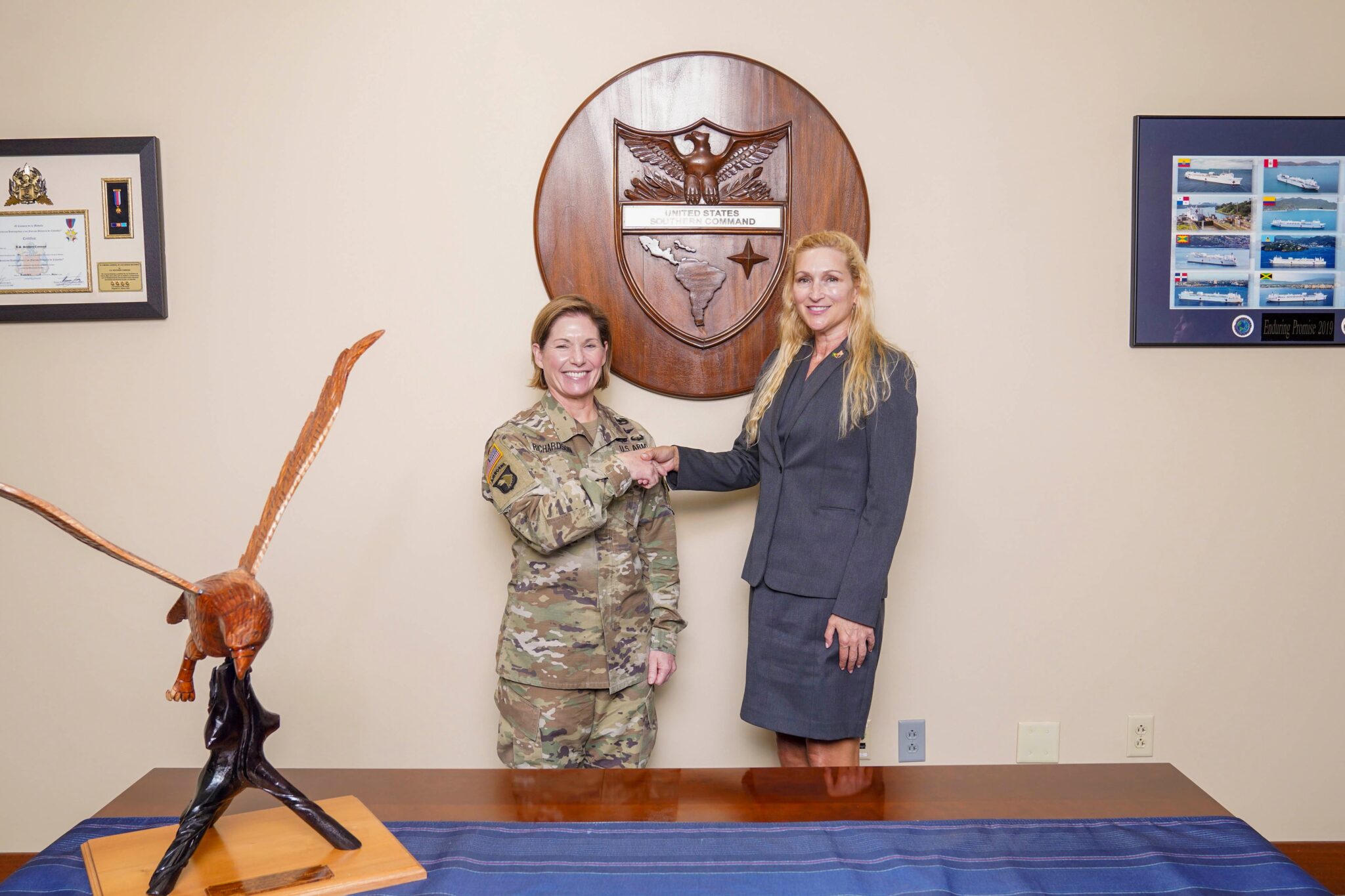 US SOUTHCOM Chief General Laura Richardson (left) shaking hands with newly appointed US ambassador to Guyana Nicole Theriot (right). Photo: X/@Southcom.
