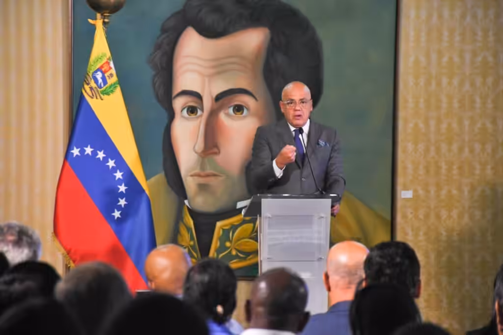 The president of Venezuela's National Assembly, Deputy Jorge Rodríguez, addressing the foreign diplomatic corps accredited to Venezuela at Ministry of Foreign Affairs in Caracas, on Thursday, October 26, 2023. Photo: X/@PartidoPSUV.