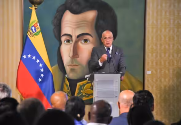 The president of Venezuela's National Assembly, Deputy Jorge Rodríguez, addressing the foreign diplomatic corps accredited to Venezuela at Ministry of Foreign Affairs in Caracas, on Thursday, October 26, 2023. Photo: X/@PartidoPSUV.