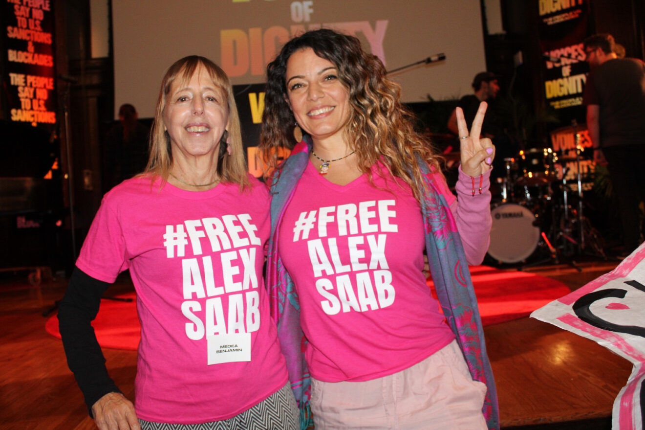 CODEPINK's Medea Benjamin (left) and Michelle Ellner (right) wearing t-shirts reading "Free Alex Saab." Photo: CODEPINK/File photo.
