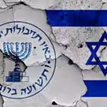 Logo of the Israeli intelligence agency Mossad and the Israeli flag painted on a cracked wall. Photo: Shutterstock.