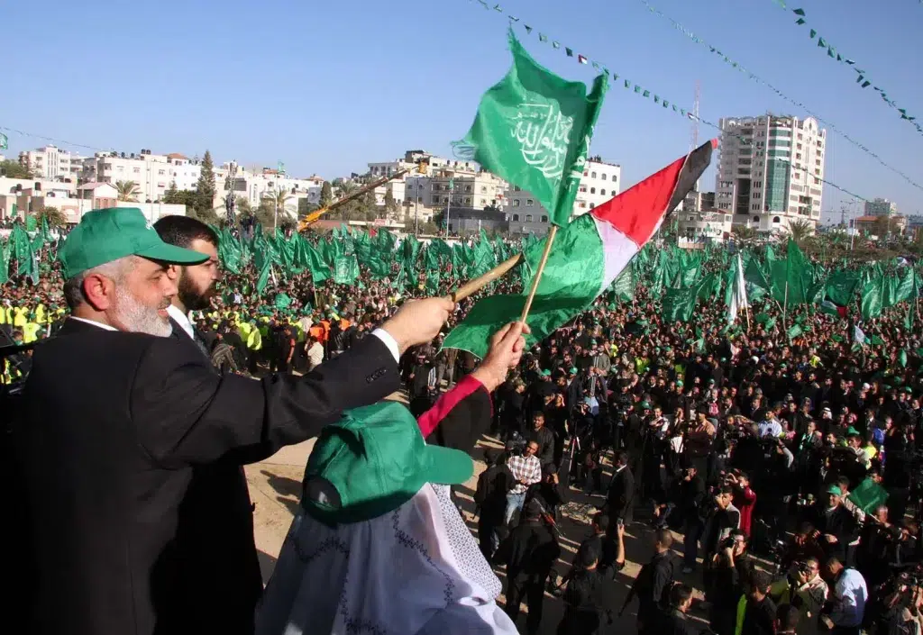 Ismail Haniyeh—Chairman of the Hamas Political Bureau waving to supporters at a rally for Hamas in the Gaza Strip, December 15, 2007. Photo: Mohamed Alostaz/PPM/Getty Images/File photo.