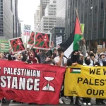 Palestinian supporters protest during a march in response to the conflict between Hamas and Israel in New York City, USA, October 8, 2023. Photo: Bill Dores