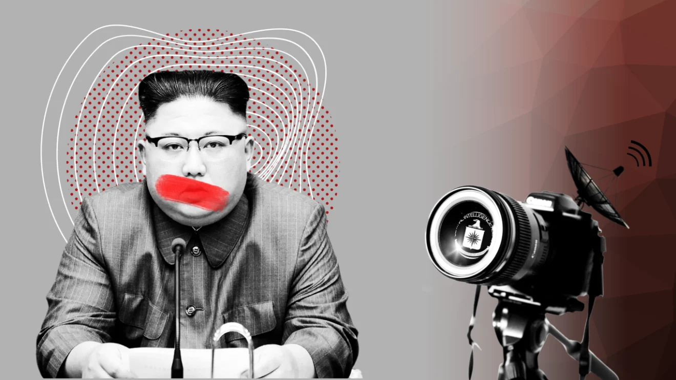 Photo composition showing North Korean leader Kim Jong Un next to a photographic camera with the logo of the CIA in the lens. Photo: MintPress News.