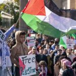 Protestors during a Scottish Palestine Solidarity Campaign demonstration in Edinburgh, Saturday October 14, 2023. Photo: Jane Barlow/PA Images/Alamy Stock Photo.