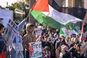 Protestors during a Scottish Palestine Solidarity Campaign demonstration in Edinburgh, Saturday October 14, 2023. Photo: Jane Barlow/PA Images/Alamy Stock Photo.