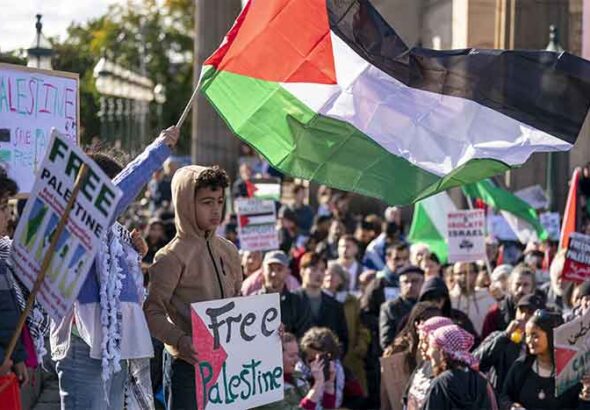 Protestors during a Scottish Palestine Solidarity Campaign demonstration in Edinburgh, Saturday October 14, 2023. Photo: Jane Barlow/PA Images/Alamy Stock Photo.