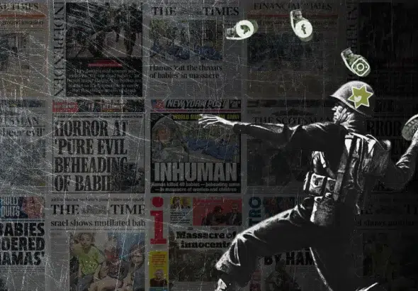 Photo composition showing in the background newspapers with headlines related to the Israeli-Palestine conflict and on the right a soldier throwing grenades with social media corporation logos in them. Photo: MintPress News.