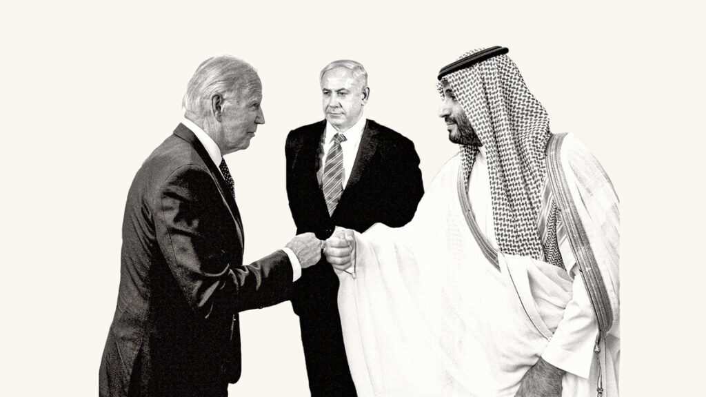 Illustration showing US President Joe Biden (left) and Saudi Crown Prince Mohammed bin Salman (right) shaking hands, while Israeli Prime Minister Benjamin Netanyahu (center) looks on. Photo: New Arab.