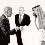 Illustration showing US President Joe Biden (left) and Saudi Crown Prince Mohammed bin Salman (right) shaking hands, while Israeli Prime Minister Benjamin Netanyahu (center) looks on. Photo: New Arab.