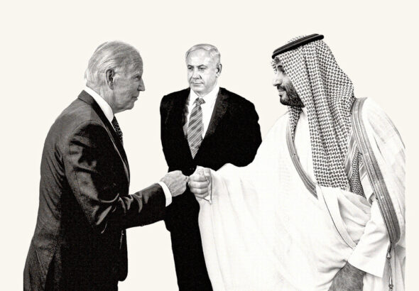 Illustration showing US President Joe Biden (left) and Saudi Crown Prince Mohammed bin Salman (right) shaking hands, while Israeli Prime Minister Benjamin Netanyahu (center) looks on. Photo: New Arab.