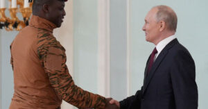 Russia's President Vladimir Putin shakes hands with Burkina Faso's interim President Ibrahim Traore during a meeting following the Russia-Africa summit in Saint Petersburg, Russia, July 29, 2023. Photo: Sputnik/Alexei Danichev