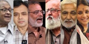 (L-R): D. Raghunandan, Abhisar Sharma, Prabir Purkayastha, Sohail Hashmi, Urmilesh and Bhasha Singh. Photo: The Wire/File photo.