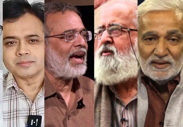 (L-R): D. Raghunandan, Abhisar Sharma, Prabir Purkayastha, Sohail Hashmi, Urmilesh and Bhasha Singh. Photo: The Wire/File photo.