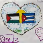 Drawing by Cuban girl Anita with a heart containing the Cuban and the Palestinian flag with a sun behind them. Photo: Al Mayadeen. (Al Mayadeen)