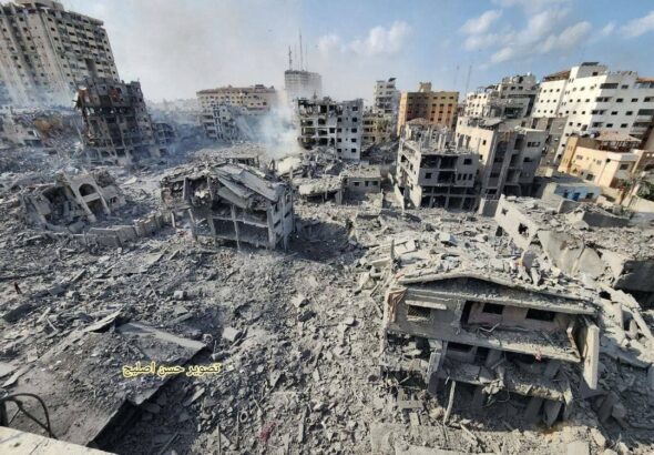 Parte de la Franja de Gaza bombardeada, en una imagen del periodista palestino Hosam Salem. Foto: Tomada de X.