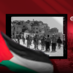 Compilation image showing a historical photo of the Nakba over the Palestinian flag. Photo: Hady Dbouk/Al Mayadeen English.