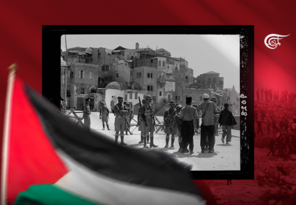 Compilation image showing a historical photo of the Nakba over the Palestinian flag. Photo: Hady Dbouk/Al Mayadeen English.