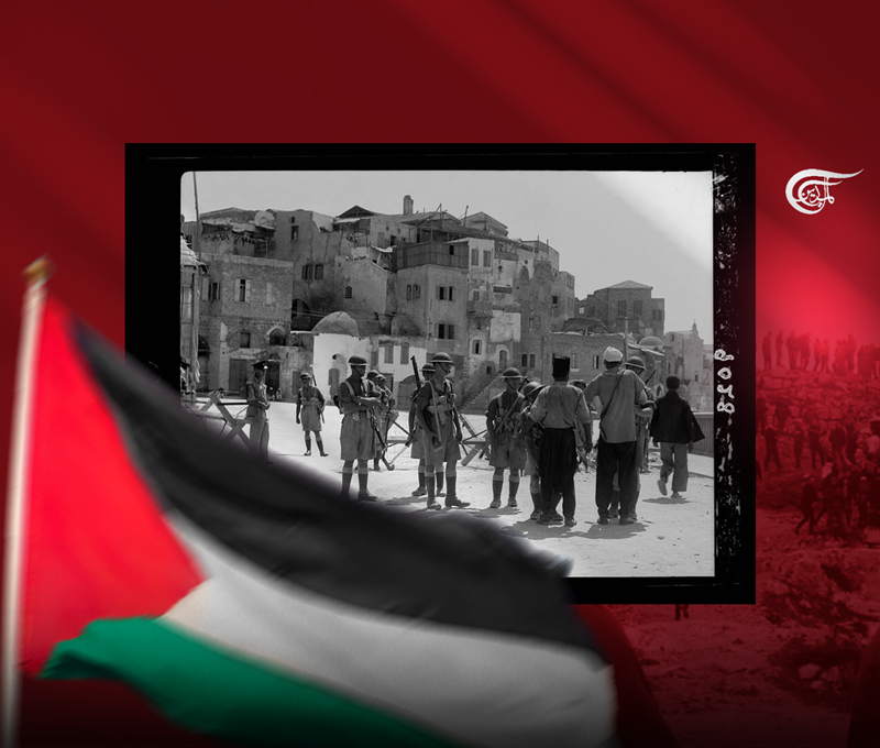 Compilation image showing a historical photo of the Nakba over the Palestinian flag. Photo: Hady Dbouk/Al Mayadeen English.