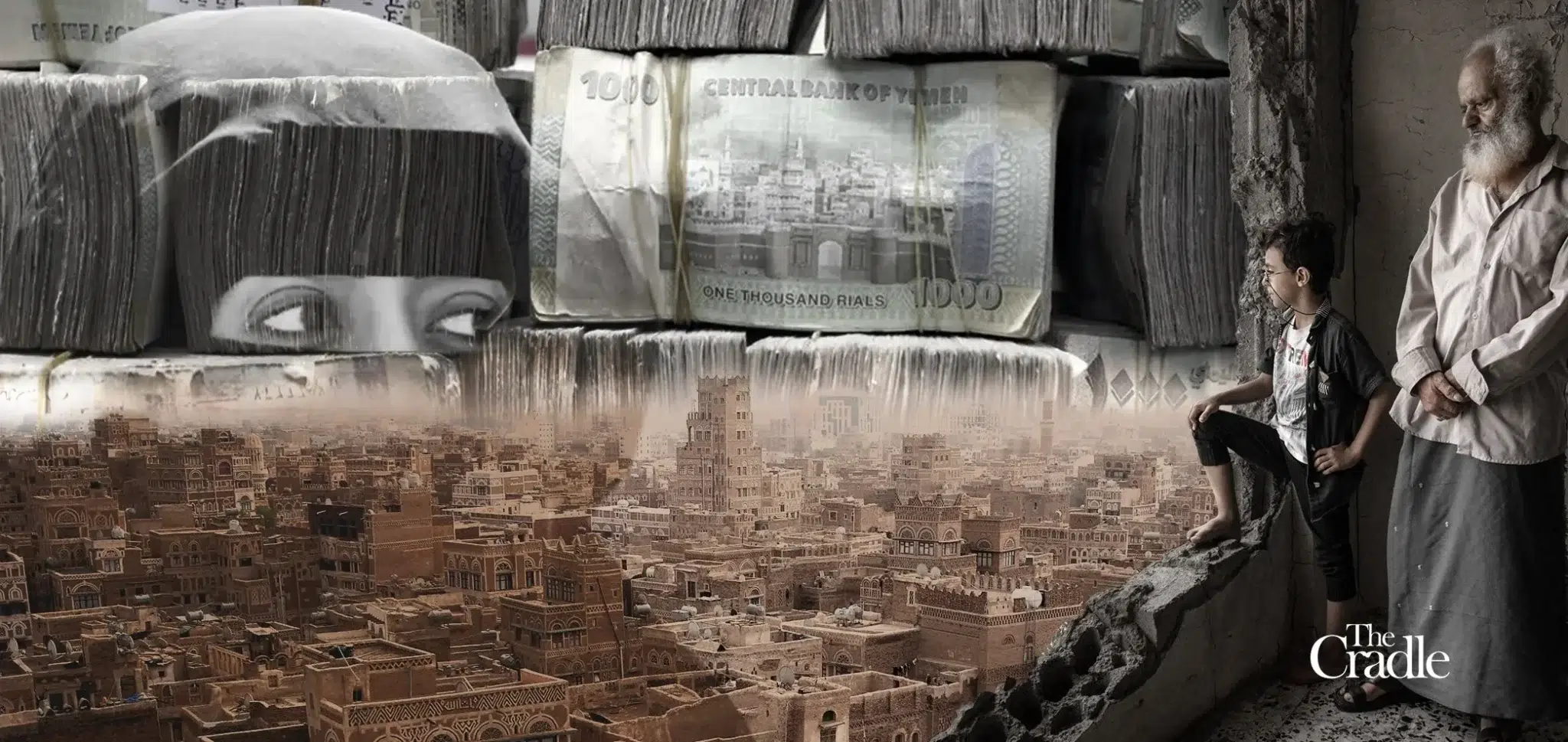 A graphic depicting a boy and a man gazing upon a city, with a presumed soldier and stacks of money pictured above them. Photo: The Cradle.
