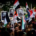October, 20, 2023 Protests in Baghdad show support for Palestine and hold up images of Resistance leaders Abu-Mahdi Al-Muhandis and Qassem Soleimani who were killed by a US drone strike in 2020. Photo: Sabareen News