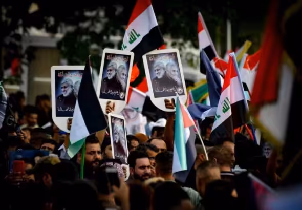 October, 20, 2023 Protests in Baghdad show support for Palestine and hold up images of Resistance leaders Abu-Mahdi Al-Muhandis and Qassem Soleimani who were killed by a US drone strike in 2020. Photo: Sabareen News