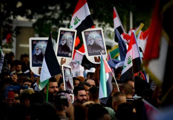 October, 20, 2023 Protests in Baghdad show support for Palestine and hold up images of Resistance leaders Abu-Mahdi Al-Muhandis and Qassem Soleimani who were killed by a US drone strike in 2020. Photo: Sabareen News