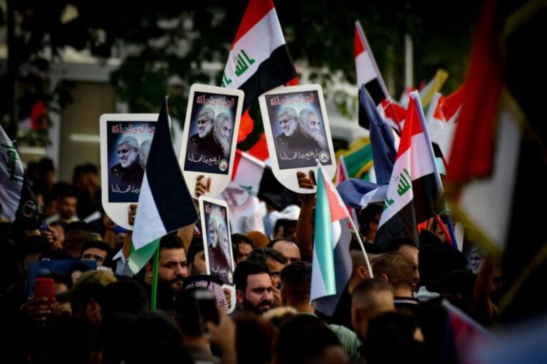 October, 20, 2023 Protests in Baghdad show support for Palestine and hold up images of Resistance leaders Abu-Mahdi Al-Muhandis and Qassem Soleimani who were killed by a US drone strike in 2020. Photo: Sabareen News
