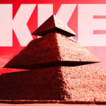 A dissected Egyptian pyramid with the caption KKE in the background. Photo: The Communists.