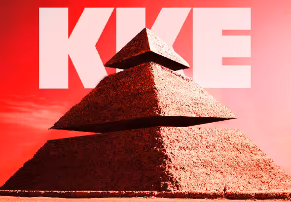 A dissected Egyptian pyramid with the caption KKE in the background. Photo: The Communists.