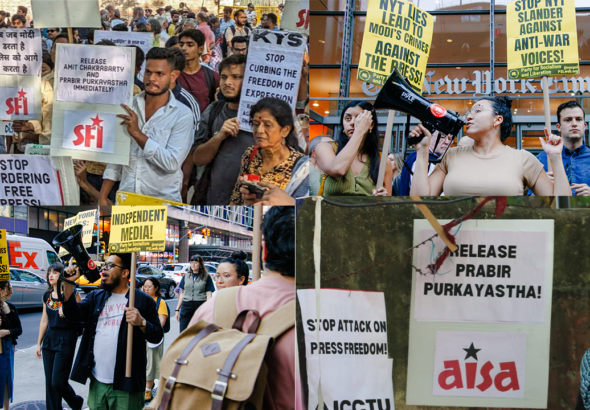 Protests in New Delhi and New York City decrying the raid and detention of journalists in India. Photo: Peoples Dispatch.
