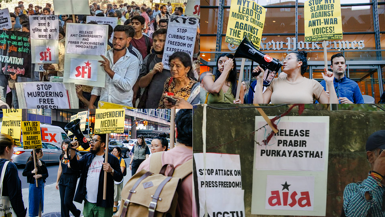 Protests in New Delhi and New York City decrying the raid and detention of journalists in India. Photo: Peoples Dispatch.