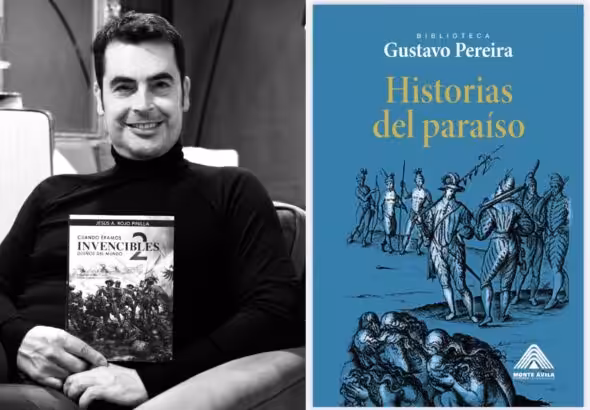 On the left, author Jesús Ángel Rojo poses with his book Cuando Éramos Invencibles, which attempts to justify the mass genocide and cultural destruction waged by the Spanish conquerors of the Americas. On the right is Historias del paraíso, which was recommended by Venezuelan Minister of Culture, Ernesto Villegas.