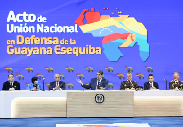 Venezuelan President Nicolás Maduro speaks at an event regarding the defense of the Essequibo Territory, at the Teresa Carreño Theater in Caracas, November 7, 2023. Photo: Wendys Olivo/Presidential Press.