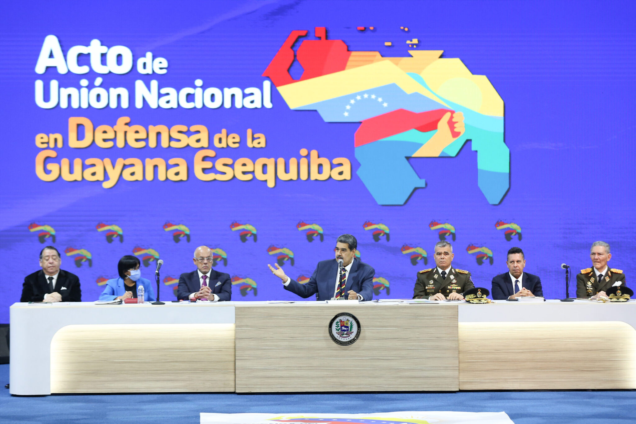 Venezuelan President Nicolás Maduro speaks at an event regarding the defense of the Essequibo Territory, at the Teresa Carreño Theater in Caracas, November 7, 2023. Photo: Wendys Olivo/Presidential Press.