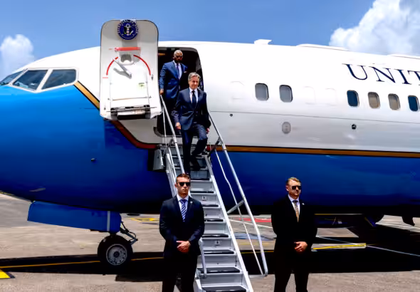 US Secretary of State Antony Blinken and Congressman Gregory Meeks arrive in Port of Spain, Trinidad and Tobago, on July 5. Photo: Ron Przysucha/State Department.