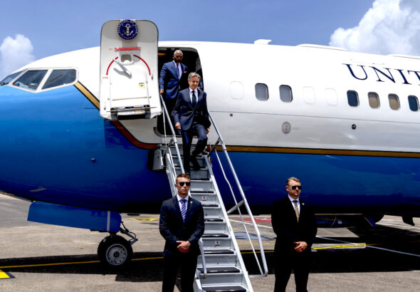 US Secretary of State Antony Blinken and Congressman Gregory Meeks arrive in Port of Spain, Trinidad and Tobago, on July 5. Photo: Ron Przysucha/State Department.