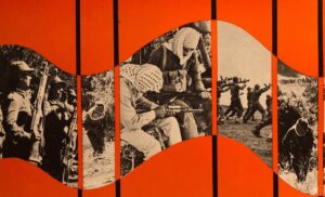 A graphic depicts Palestinian resistance fighters with weapons in hand and keffiyehs atop some fighters' heads. Photo: Ebb Magazine.