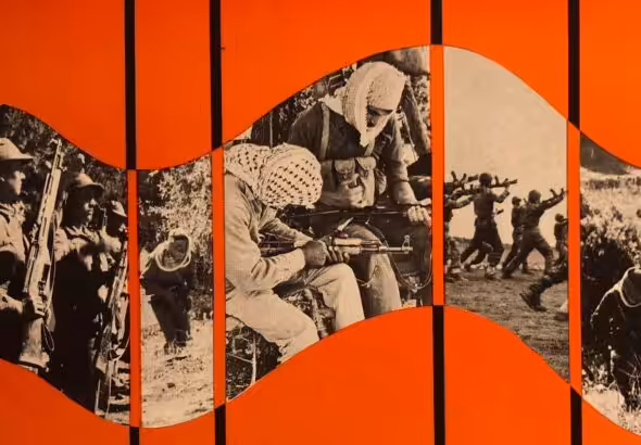 A graphic depicts Palestinian resistance fighters with weapons in hand and keffiyehs atop some fighters' heads. Photo: Ebb Magazine.