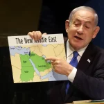 Israeli Prime Minister Benjamin Netanyahu holds a map of "The New Middle East" without Palestine during his September 22, 2023 address to the United Nations General Assembly in New York. Photo: Spencer Platt/Getty Images via CommonDreams.org.
