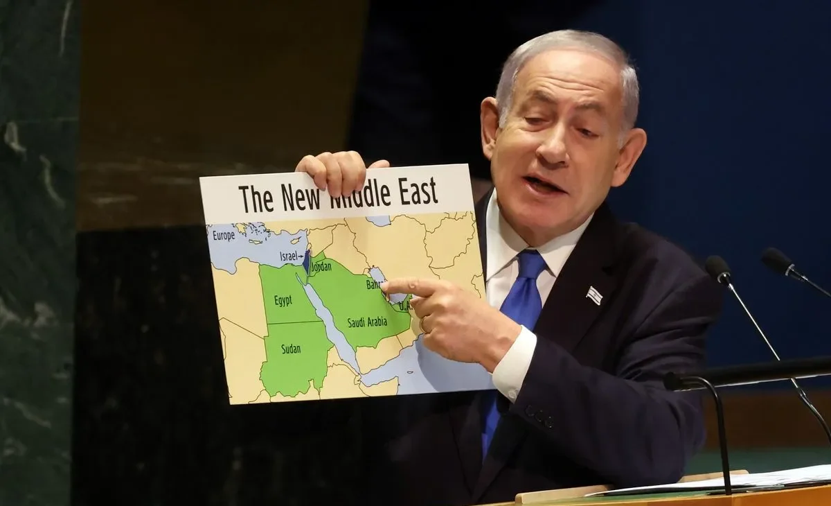 Israeli Prime Minister Benjamin Netanyahu holds a map of "The New Middle East" without Palestine during his September 22, 2023 address to the United Nations General Assembly in New York. Photo: Spencer Platt/Getty Images via CommonDreams.org.