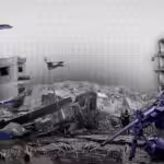 Compilation image depicting the destruction of Gaza over images of soldiers, armored vehicles and aircraft. Photo: The Cradle.