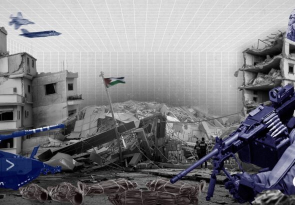 Compilation image depicting the destruction of Gaza over images of soldiers, armored vehicles and aircraft. Photo: The Cradle.