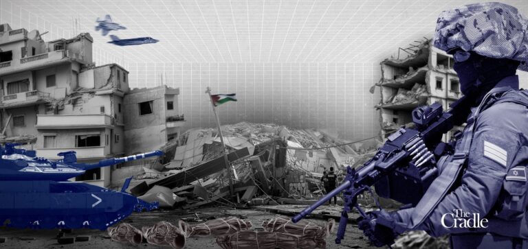 Compilation image depicting the destruction of Gaza over images of soldiers, armored vehicles and aircraft. Photo: The Cradle.