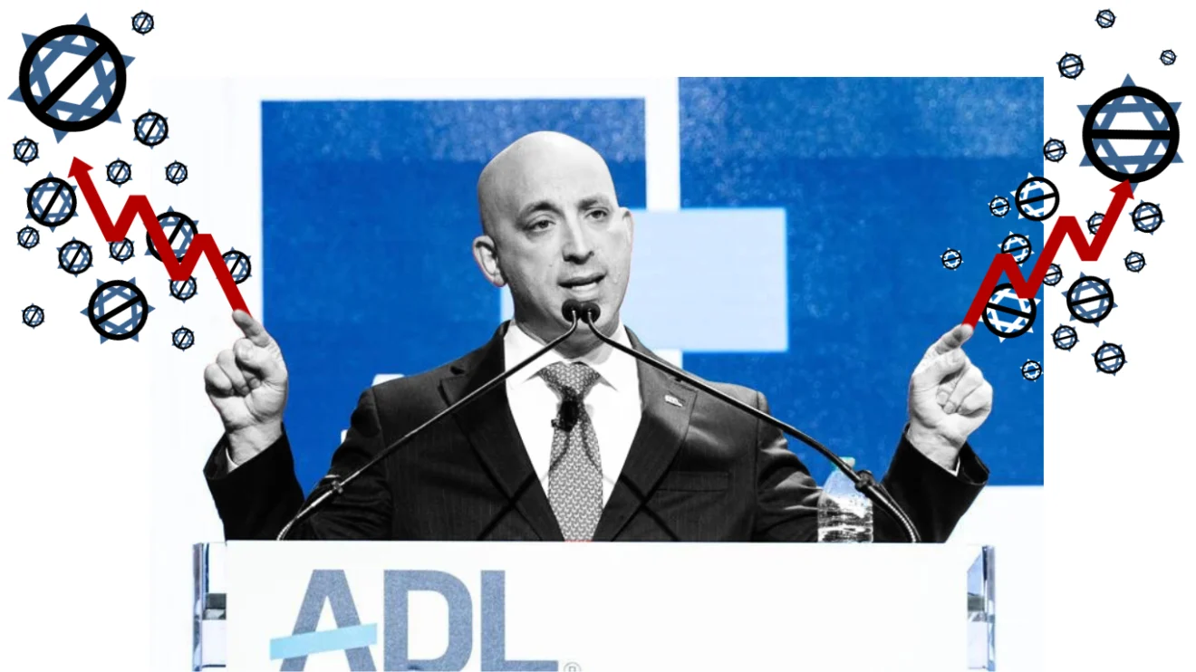 A graphic depicts ADL CEO Jonathan Greenblatt standing in front of a podium with an accompanying trend line referencing an alleged increase in anti-Semitic incidents in the US since Hamas's Attack on Israel. Photo: MintPress News.